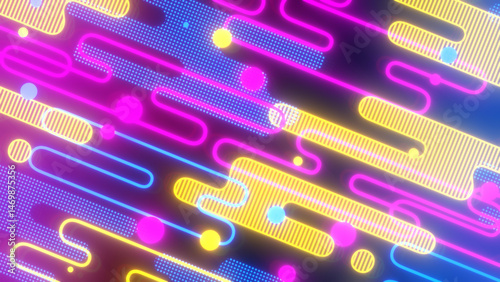 液体のようなストライプと小さな丸によるポップな背景 - CMYKネオンカラー