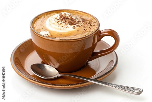 cup of cappuccino or coffee with cream and spoon isolated on a white background