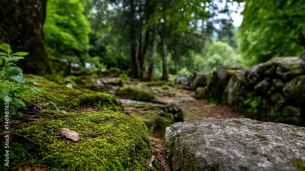 Mossy stones and forest path creating a calm natural scenery, creating a soothing and peaceful environment for exploration Mossy stones and forest path creating a calm natural scenery, creating a soothing and peaceful environment for exploration