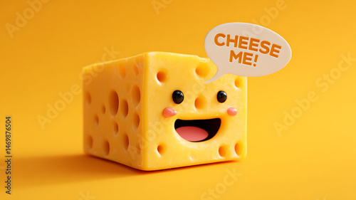 Cheese block with smiling face and speech bubble saying CHEESE ME against bright yellow background, creating playful and cheerful atmosphere