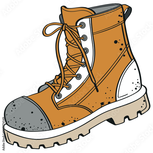 Illustration of a tan work boot with laces and a gray toe cap on a white background
