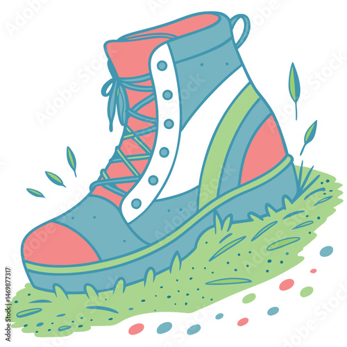 Illustration of a colorful hiking boot on grass with red laces and toe cap design