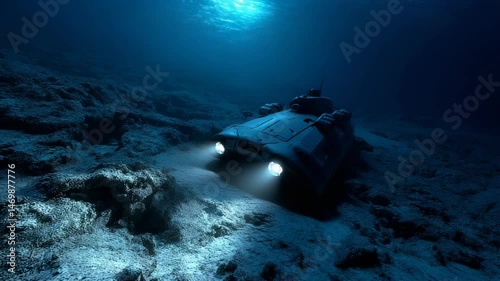Underwater exploration with a submersible vehicle navigating the ocean floor terrain, casting bright light in the deep blue sea environment