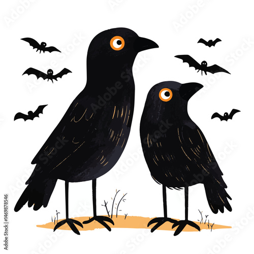 Cartoon Black Crows And Bats On A White Background Halloween Themed Illustration Vector Isolated