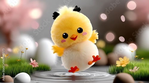 Adorable chick dancing joyfully in front of Easter eggs, springtime scene