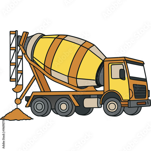 A cartoon cement mixer truck in yellow and tan is dumping a pile of cement mix out