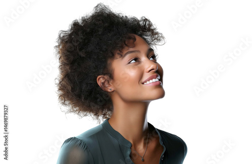 Portrait of happy African American woman smiling and looking up with afro hair, isolated on transparent background