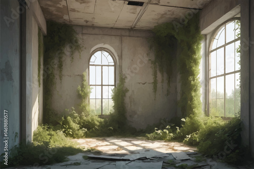 Overgrown Abandoned Building Interior with Sunlit Window