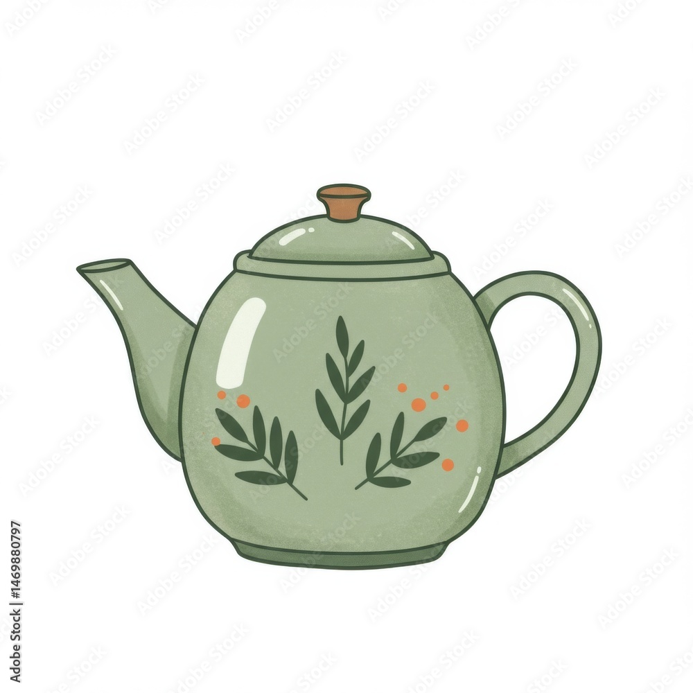 Green Teapot with Leaf and Berry Illustration Green Teapot with Leaf and Berry Illustration