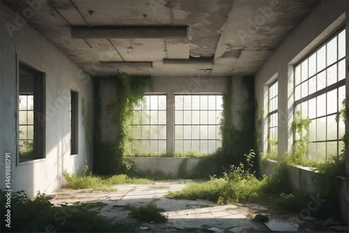 Overgrown Abandoned Building Interior with Sunlit Window