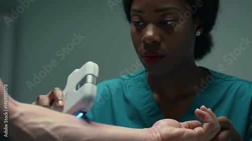 Examining Patient Arm with Device in Medical Setting Close Up