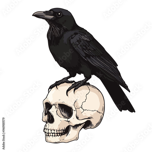 Raven Perched On A Human Skull Vector Illustration Symbolic Of Mortality And Gothic Design Elements