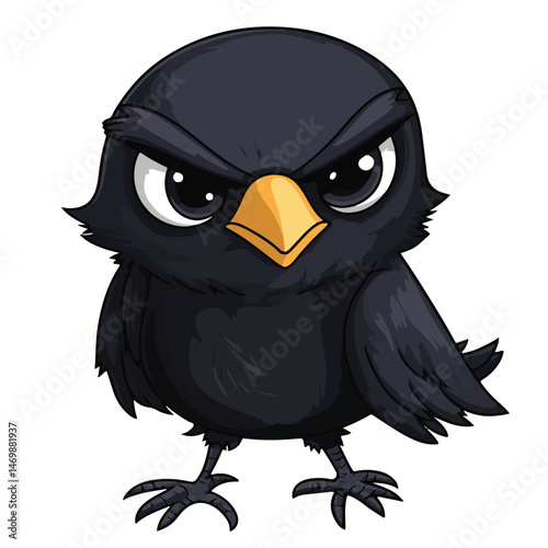 Cartoon Illustration Of An Angry Black Crow With A Yellow Beak Isolated On White Background