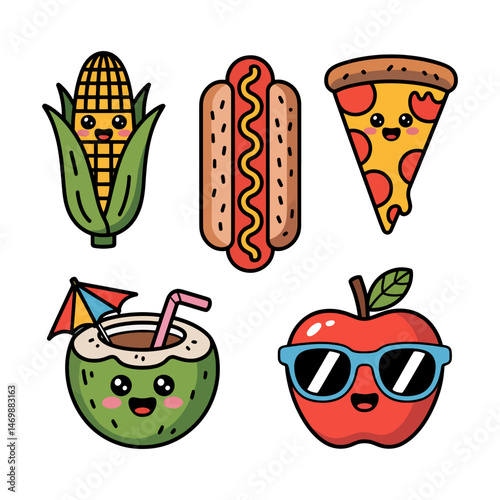 Kawaii Food Vector Set – Cute Cartoon Corn, Hotdog, Pizza, Coconut, and Apple Characters