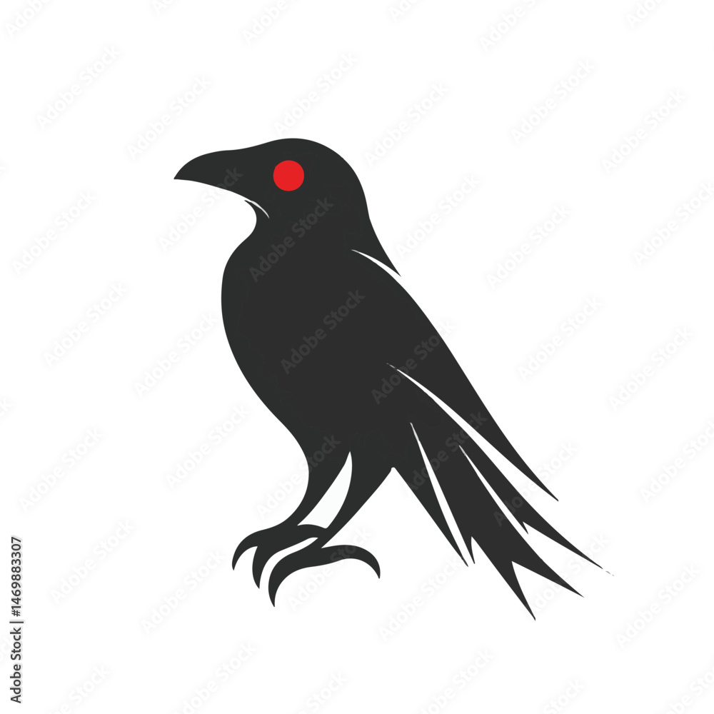 Obraz premium Silhouette Of A Dark Raven With Piercing Red Eyes Against White Background Vector Graphic