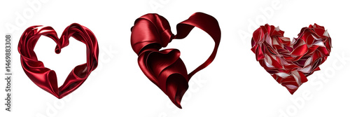 Set of A heart made of abstract red silk cut out isolated on a transparent background
