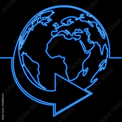 Global Economy Concept: Planet Earth Wrapped with an Arrow icon neon glow vector illustration concept