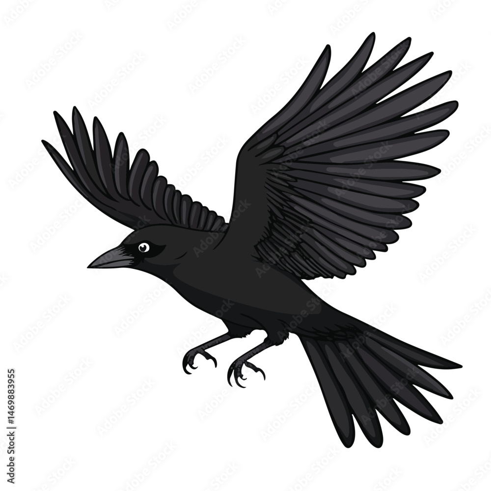 Obraz premium Black Crow Flying With Spread Wings Illustration For Halloween And Gothic Themes Isolated On White