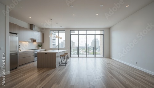 Empty modern townhouse floor showcasing a kitchen with a living and dinning room.