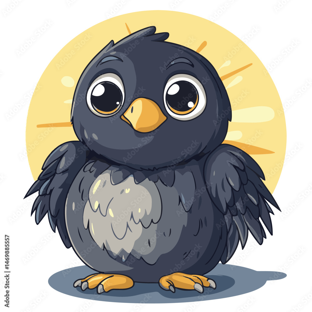 Obraz premium Cartoon Illustration Of A Cute Baby Crow Standing On A Soft Blue Surface With Yellow Background