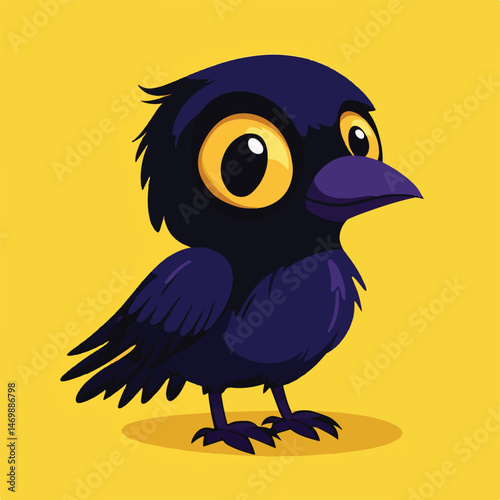 Cartoon Raven Vector Illustration With Big Eyes On Yellow Background Perfect For Kids Designs And Halloween