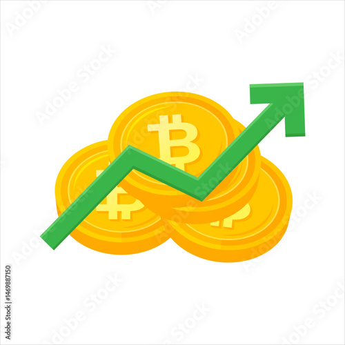 Vector Bitcoin growth profit icon, with investment chart rise, cryptocurrency trading illustration, luxury gold coin color