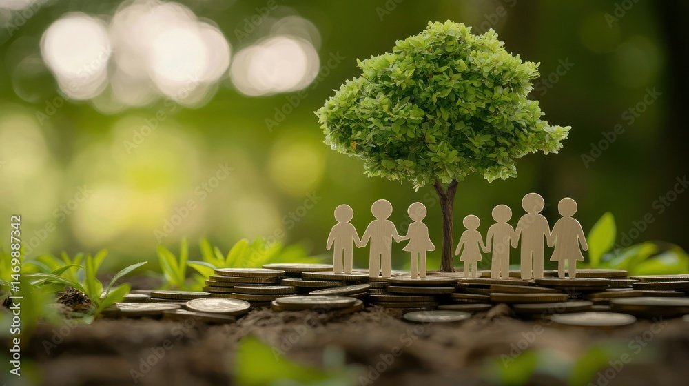 Obraz premium A family of six people standing together on a pile of coins in a lush green forest with a tree in the background.