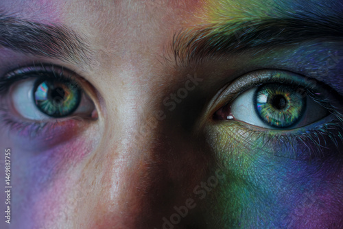 Enigmatic Close-Up with Rainbow Prism Reflection on Gender-Neutral Face