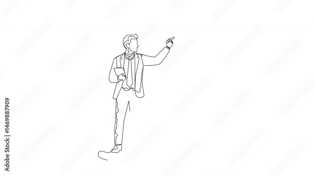Hand-Drawn One-Line Animation of a Businessman Showing a Business Graph on a Board, Minimalist Line Art, Continuous Outline Drawing, Concept of Business Analysis and Growth Hand-Drawn One-Line Animation of a Businessman Showing a Business Graph on a Board, Minimalist Line Art, Continuous Outline Drawing, Concept of Business Analysis and Growth