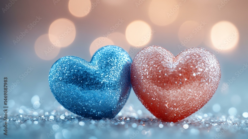 Fototapeta premium Two sparkly hearts in blue and red, symbolizing love and connection amidst shimmering bokeh.
