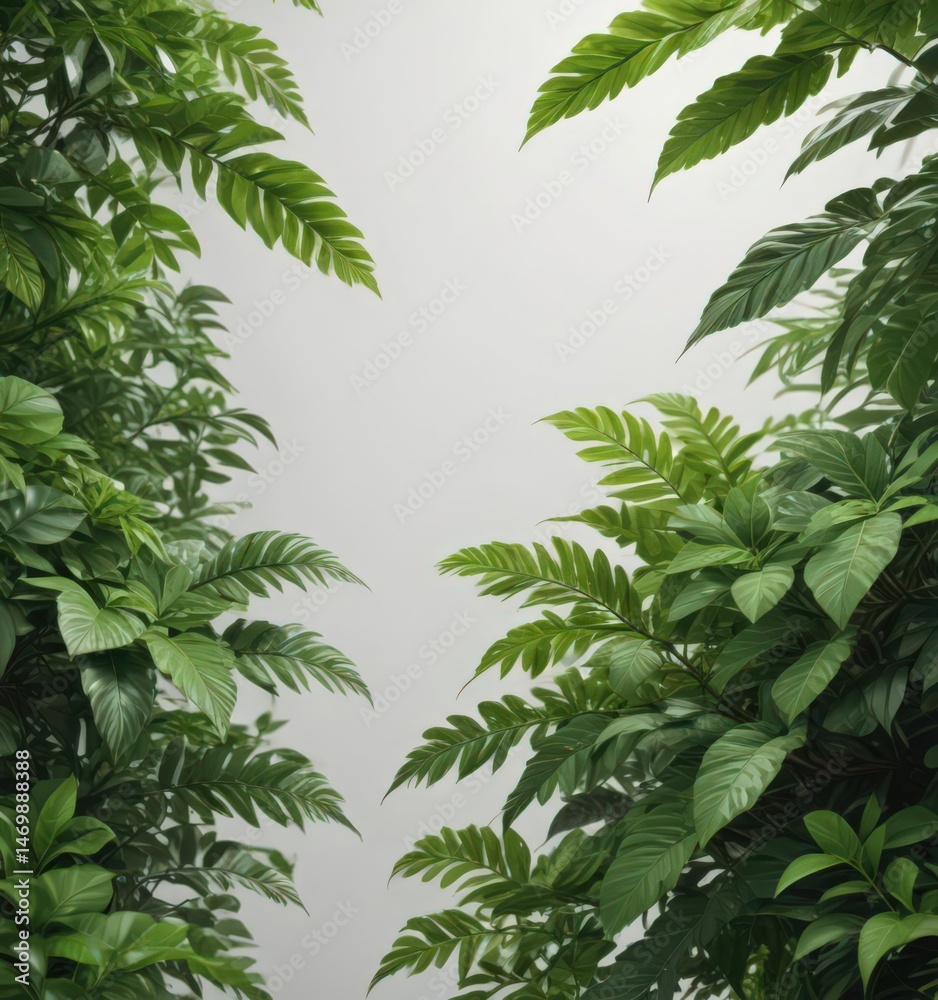 Naklejka premium Lush green leaves, sharp focus, seamless white space, photography, image, graphic