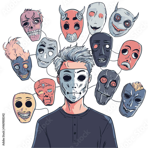Man Surrounded By Creepy Masks Vector Illustration For Dark Psychological Concept