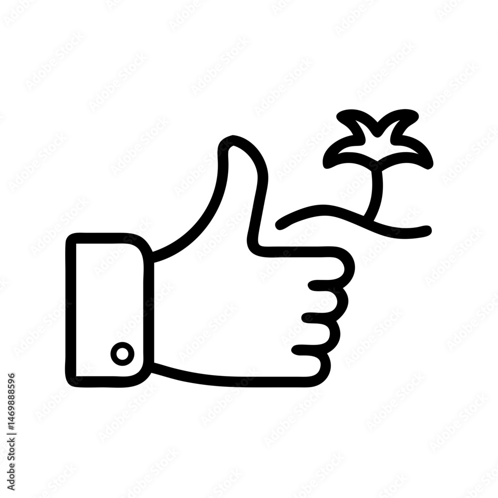 Thumbs-up gesture with palm tree illustration on a beach background Thumbs-up gesture with palm tree illustration on a beach background