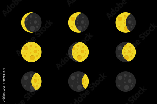 Yellow Moon Phases Icons – Flat Style Lunar Cycle Set on Black Background