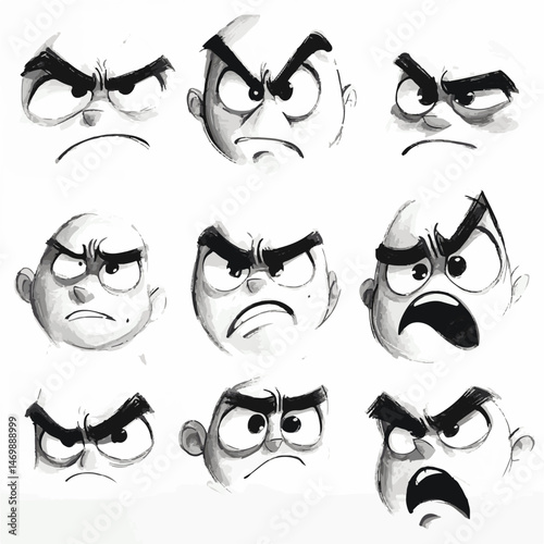 Cartoon Faces Illustrating Anger Expressing A Range Of Intense Negative Emotions