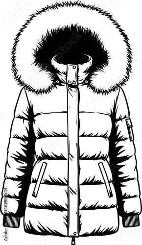 Stylish Winter Puffer Jacket with Fur Hood Fashion Illustration