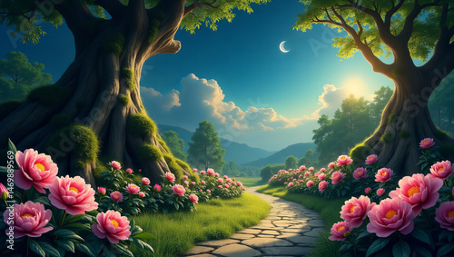 Enchanted Garden Path with Blooming Pink Flowers, Ancient Pillars & Moonlit SkyEnchanted Garden Path with Blooming Pink Flowers, Ancient Pillars & Moonlit Sky