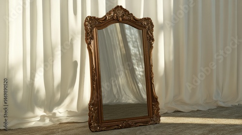 Ornate antique-style mirror, soft lighting