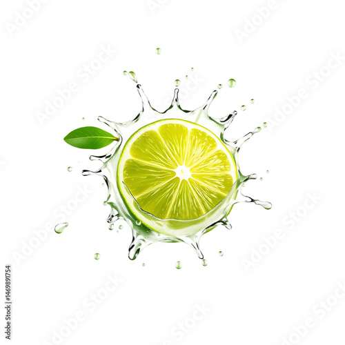 Lime Slice in Water Splash with Leaf