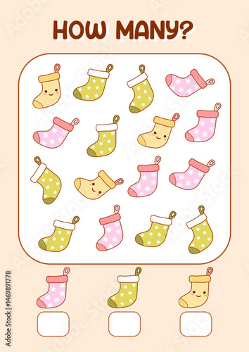 Vector counting game how many for kids cute sock drink illustration