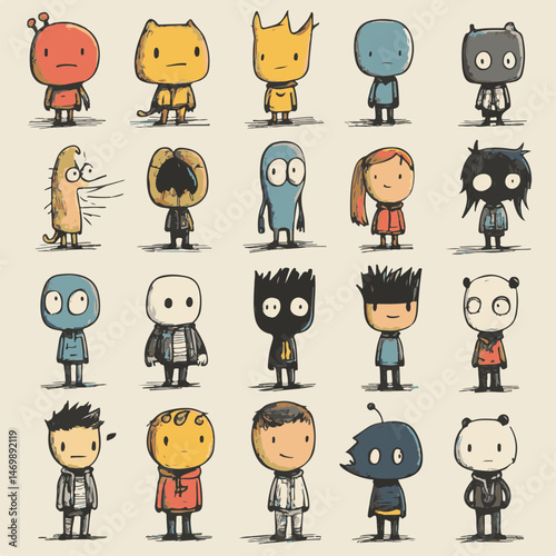 Collection Of Whimsical Cartoon Characters Diverse And Colorful Hand Drawn Illustrations