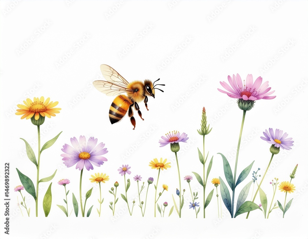 Obraz premium Buzzing Bloom: A honeybee hovers amidst a vibrant array of wildflowers, embodying the essence of nature's delicate beauty, where pollination and the ecosystem's life cycle dance in harmony.