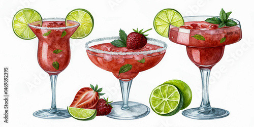 Refreshing Strawberry Lime Cocktails Illustration in Watercolor Style