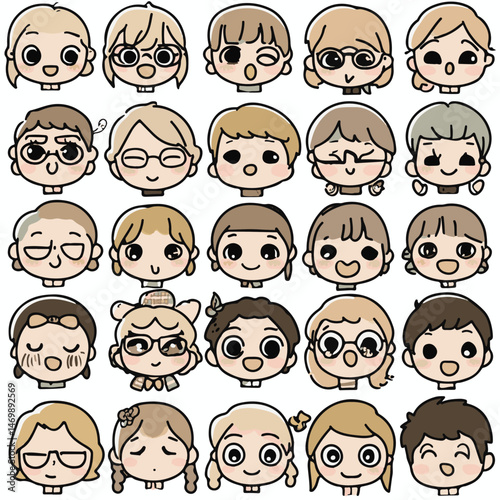 Diverse Cartoon Character Heads With Expressive Emotions And Various Hairstyles Illustration