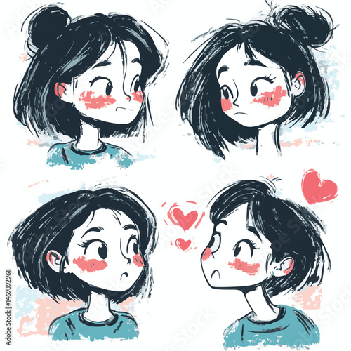 Shy Young Woman With Bun Hairstyle Expressing Affection And Emotions