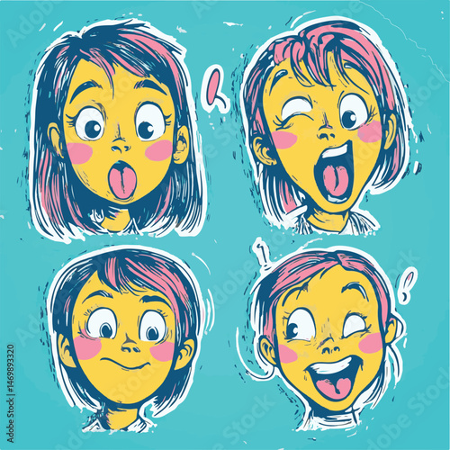Girl Expressions Collection Featuring Surprise Joyful Cheeky And Mischievous Attitudes