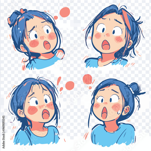 Set Of Expressive Anime Girl Faces Illustration In Surprised And Shocked Poses