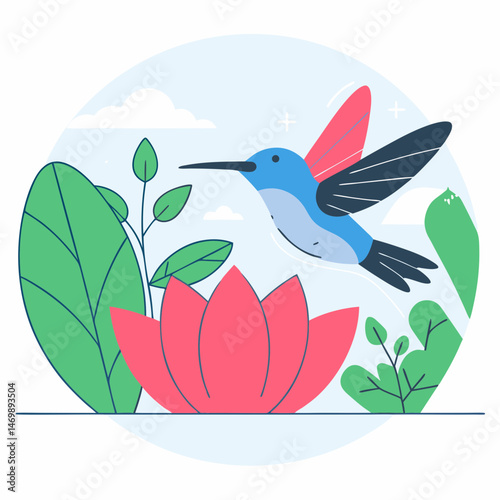 Digital illustration of a hummingbird in flight amidst botanical garden tranquility