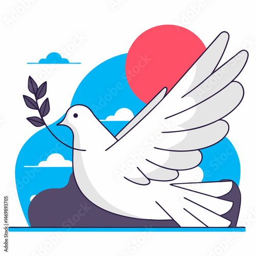 Tranquil landscape illustration dove of peace with olive branch symbolism