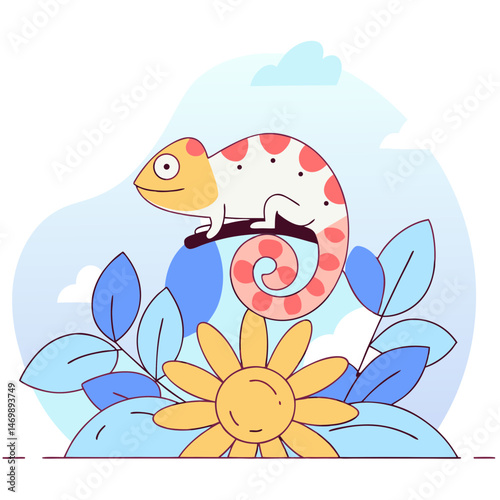 Charming chameleon on colorful flower nature illustration vibrant environment playful concept